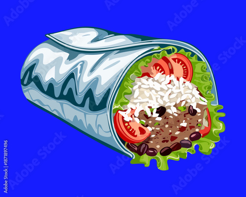 Large flour tortilla burrito wrap with meat rice and vegetables for Mexican cuisine inspired restaurant branding Vector Illustration