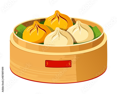 Steamed buns in a bamboo steamer for traditional breakfast and authentic restaurant menu display branding materials Vector Illustration