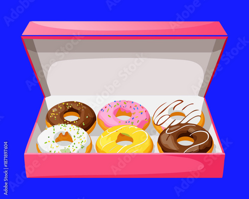Selection of glazed donuts in a delivery box for office treat and sweet catering service marketing Vector Illustration