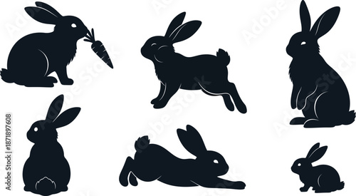 Farm rabbits. Cute bunnies on grass, eating carrot. Cute domestic country animals, rural countryside. Village country fauna. Flat graphic vector illustration