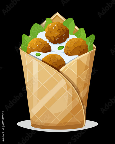 Mediterranean falafel pita wrap with tahini sauce and fresh vegetables in a brown paper cone sleeve - Vector Illustration