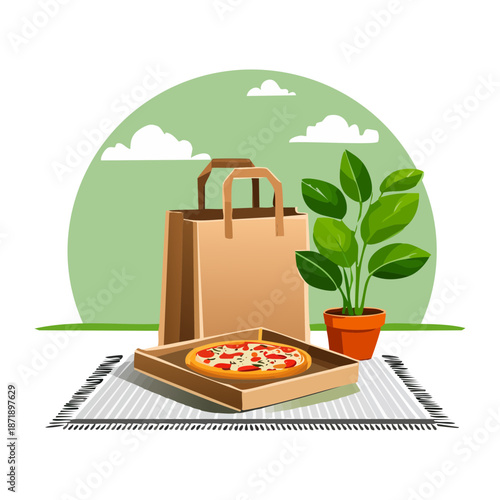 Paper bag and hot pizza box delivery order placed on a rug with house plant decoration - Vector Illustration