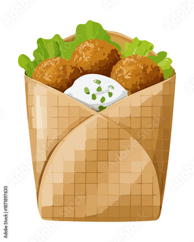 Healthy falafel wrap filled with deep fried chickpea balls and fresh greens with white garlic sauce - Vector Illustration