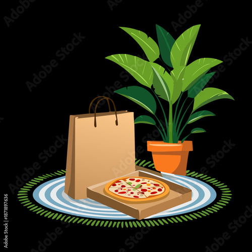 Hot pizza in a cardboard box next to a paper bag and potted plant inside home - Vector Illustration