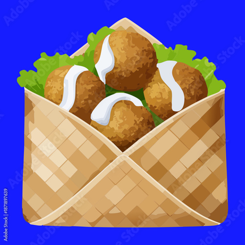 Tasty falafel wrap sandwich with white yogurt sauce and fresh lettuce in a paper pita pocket - Vector Illustration