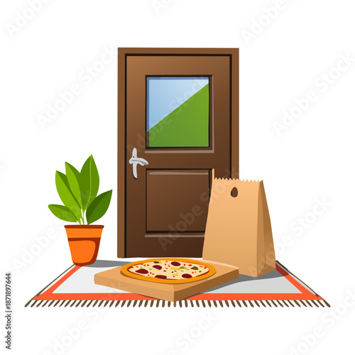 Pizza delivery service with a hot pizza in box placed in front of a house door - Vector Illustration