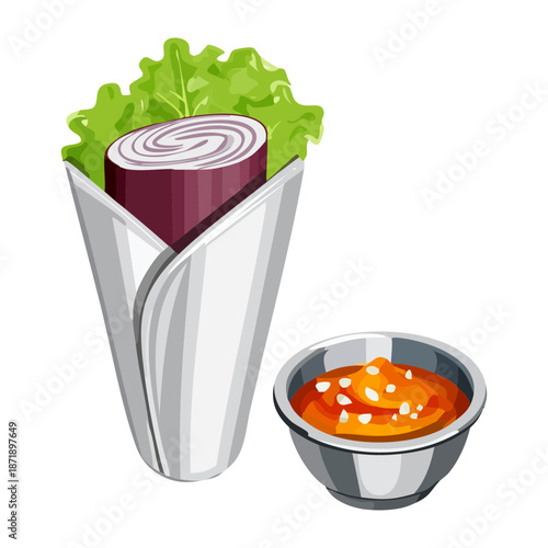 Fresh vegetarian wrap with green lettuce and red onion served with spicy dipping sauce in bowl - Vector Illustration