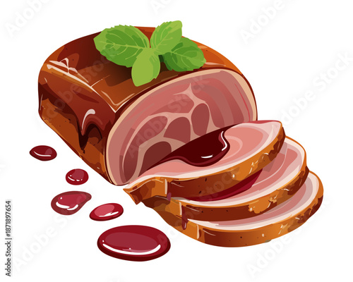 Juicy slices of glazed roast meat with fresh green leaves and berry garnish for gourmet dinner - Vector Illustration