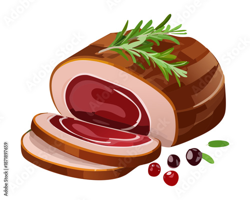 Large piece of roasted ham with herbs and red berries garnish for festive dinner celebration meal - Vector Illustration