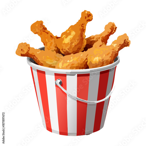 Red and white striped bucket filled with golden crispy fried chicken pieces for family meal sharing - Vector Illustration