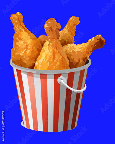 Large bucket of crispy deep fried chicken drumsticks with golden brown breading and savory spice blend - Vector Illustration