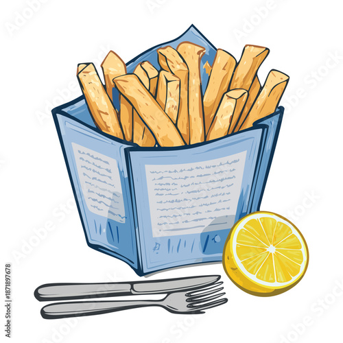 Tasty fish and chips combo served in a blue paper pocket with fresh lemon and plastic fork - Vector Illustration