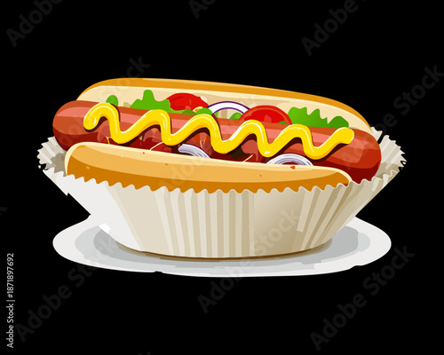 Savory hot dog with drizzled mustard and sweet green relish served in a white paper tray container - Vector Illustration