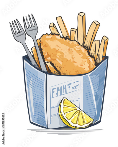 Traditional crispy battered fish and chips served in a blue paper box with a slice of lemon - Vector Illustration