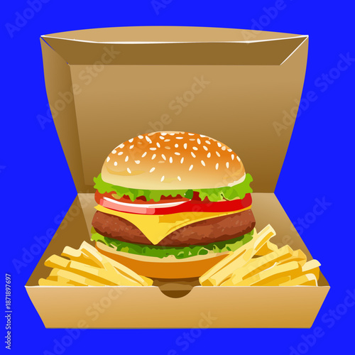 Large juicy beef burger with melting cheese and fresh lettuce served with side of crispy fries - Vector Illustration