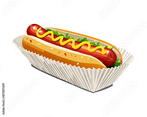 Classic grilled hot dog with yellow mustard and green relish in a paper tray for snack time - Vector Illustration