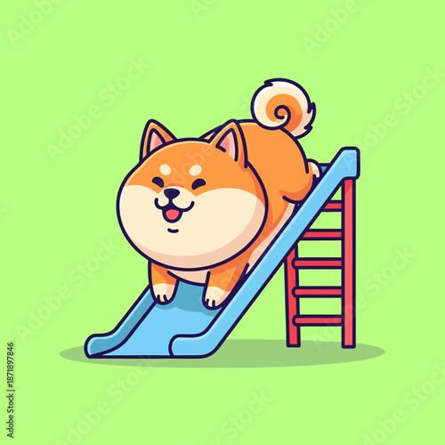 Cute Shiba Inu Dog Sliding Down Playground Slide.