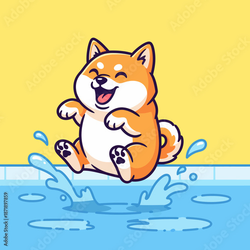 Cute Shiba Inu Dog Splashing in Water.