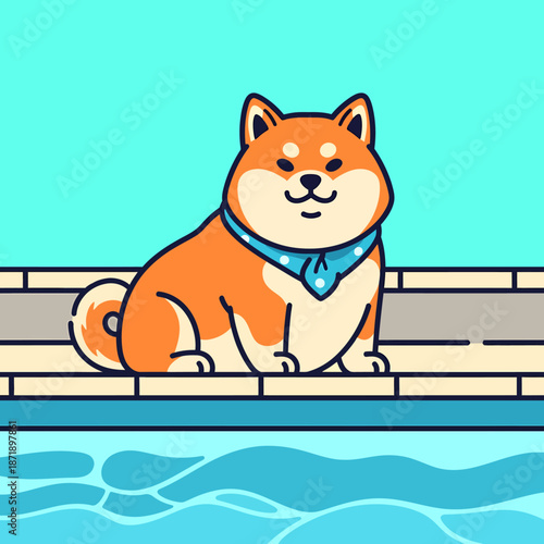 Cute Shiba Inu Dog Sitting by Poolside.