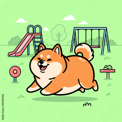 Happy Shiba Inu Dog Playing in a Green Park.