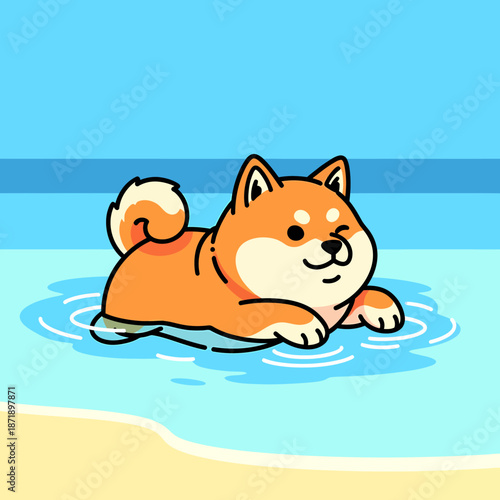 Cute Shiba Inu Dog Swimming in Blue Water at the Beach.