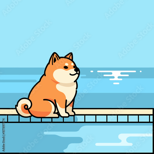 Cute Shiba Inu dog sitting by the water.