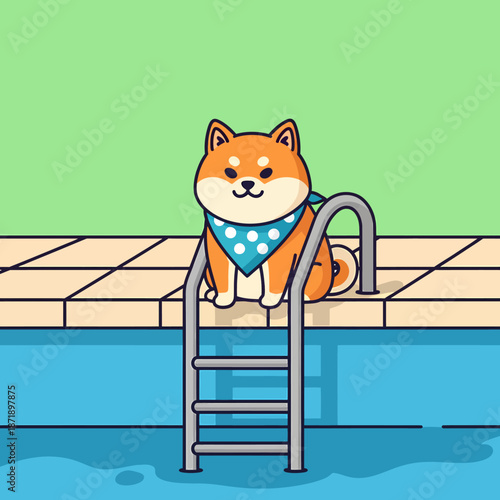 Cute Shiba Inu dog sitting by the swimming pool ladder.