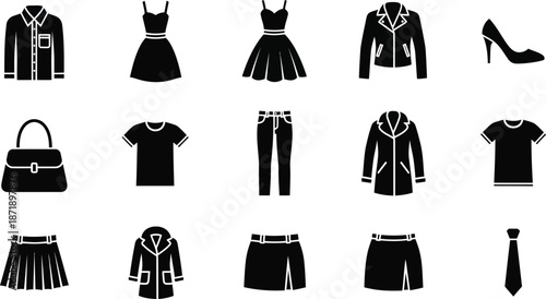 Fashion and garment vector icon set. Collection of clothing symbols for stock. Includes dress, t-shirt, hanger, and cotton plant icon. Apparel and textile concept design.