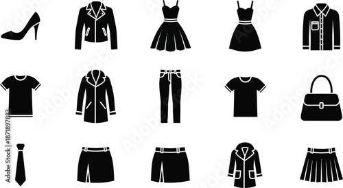 Fashion and garment vector icon set. Collection of clothing symbols for stock. Includes dress, t-shirt, hanger, and cotton plant icon. Apparel and textile concept design.