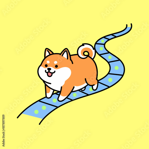 Cute Shiba Inu dog walking on a blue path with green dots.