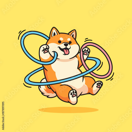 Happy Shiba Inu Dog Playing with Hula Hoops.