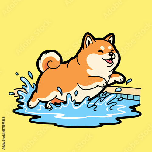 Happy Shiba Inu Dog Splashing in Water.