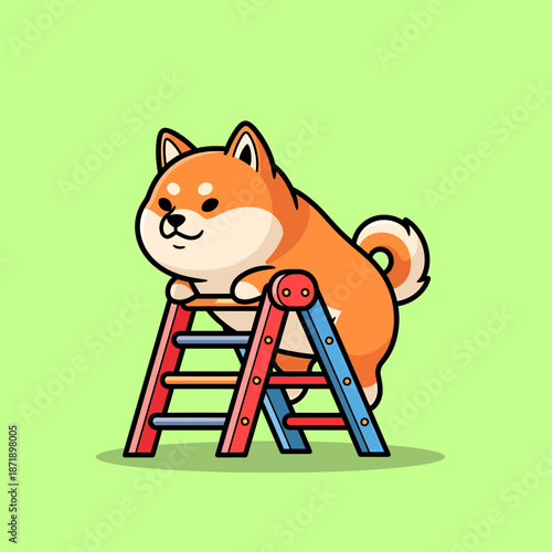 Cute Shiba Inu Dog Climbing Ladder Cartoon Illustration.