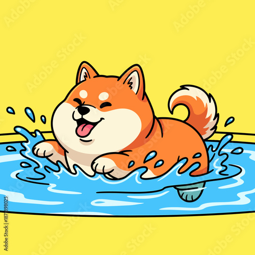 Cute Shiba Inu dog happily swimming in blue water on a bright yellow background.