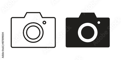 Camera icons in a black filled and outlined style. Set of vector icons