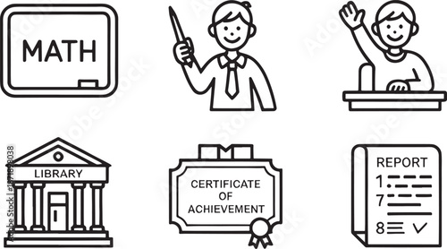 Set of educational icons depicts a math blackboard, a teacher pointing, a student raising a hand, a library building, a certificate, and a report document.