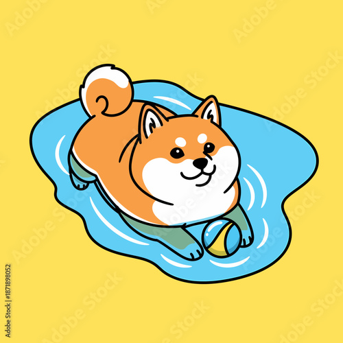 Cute Shiba Inu dog playing in water with a ball.