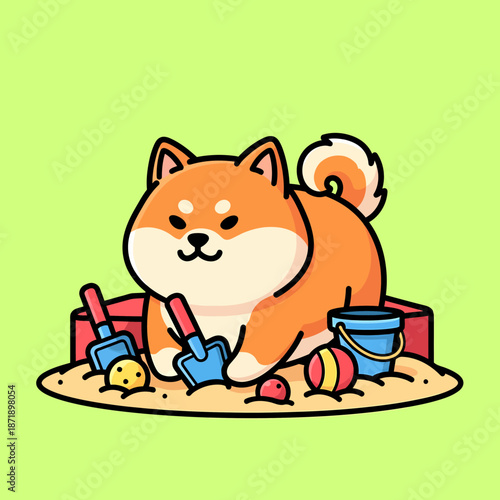 Cute Shiba Inu Dog Playing in Sandbox with Toys.