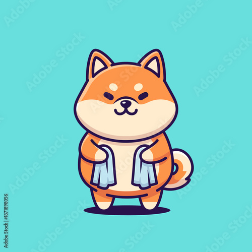 Cute Shiba Inu Dog Holding Towels Cartoon Vector Icon Illustration.