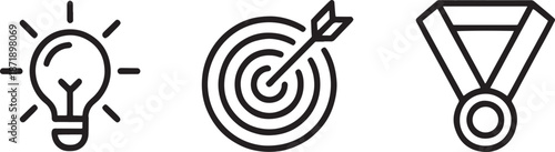 Set of three minimalistic outline icons representing success concepts, featuring a shining lightbulb for ideas, a target with an arrow for goals, and a hanging medal for achievement.