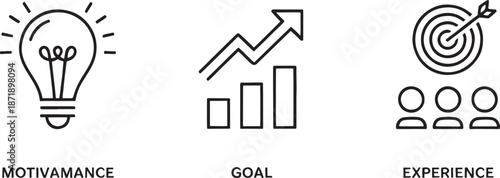 Three distinct business concepts are visually represented by line icons showing a glowing lightbulb, an upward trending bar graph, and a target with an arrow hitting the bullseye.