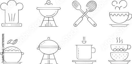 Collection of simple outline icons representing various cooking utensils, chef hat, and steaming beverage cups are presented against a stark white background.