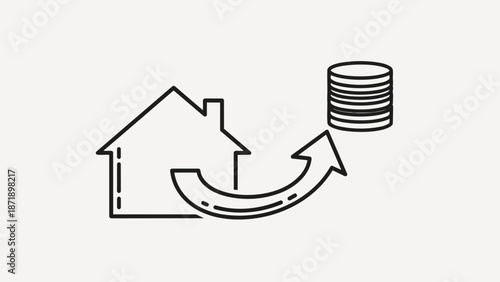 House with Stack of Coins and Arrow Icon.