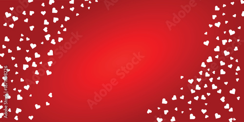 A vibrant red background with white hearts scattered on the left and right sides