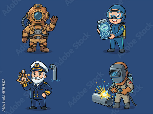 Set of cartoon characters representing different professions.