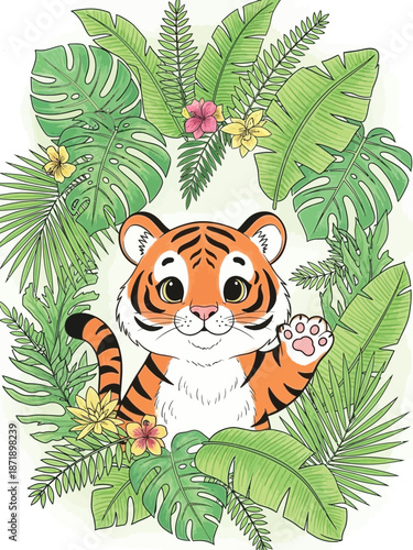 A cartoon tiger surrounded by lush tropical leaves and flowers, viewed from the front in a playful illustration