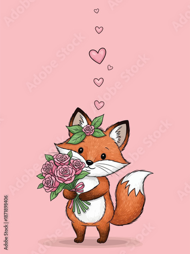 A cartoon fox holding flowers with a floral crown on a pink background