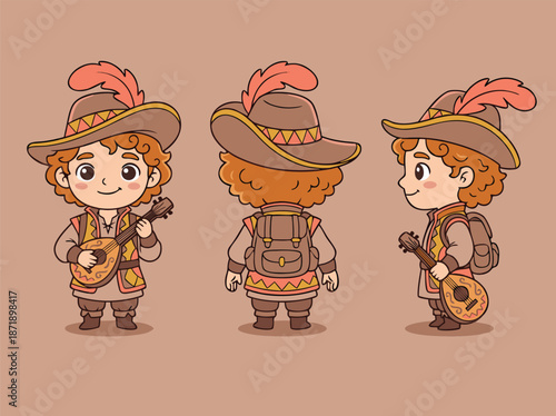 Charming Cartoon Bard Character with Lute and Feathered Hat.