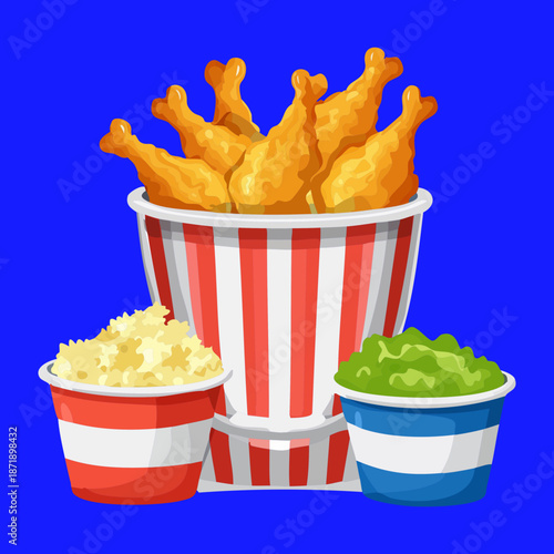 Fried chicken bucket with side dishes like mashed potatoes and coleslaw for a full family meal - Vector Illustration