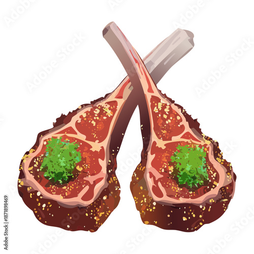 Sizzling grilled lamb ribs with aromatic herbs and savory sauce for a high quality meat dinner meal - Vector Illustration